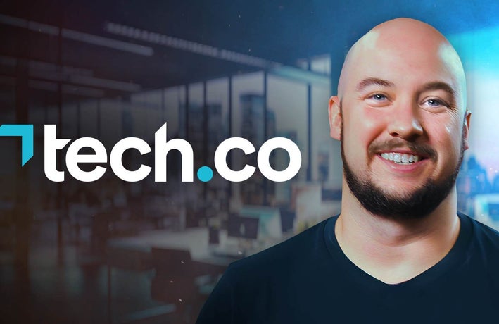 About Tech.co Video Thumbnail Showing Lead Writer Conor Cawley Smiling Next to Tech.co Logo
