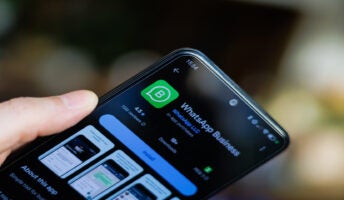 Person holding phone with WhatsApp Business open on app store