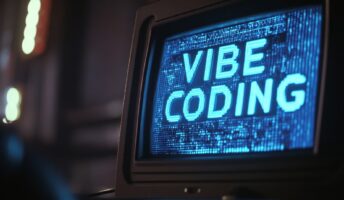 A graphic showing the words "vibe coding" on a desktop computer screen.