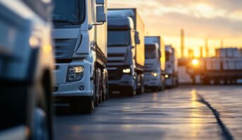 An illustration of a row of trucks.