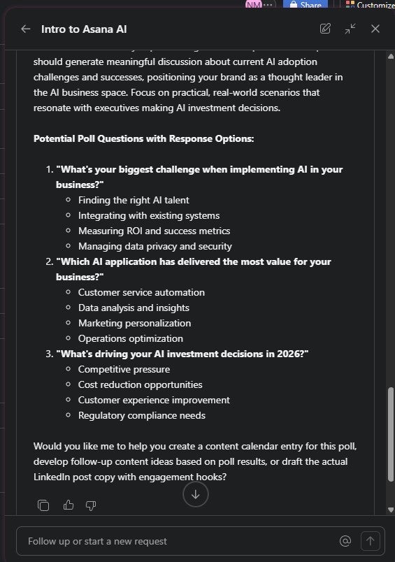 Asana AI content generator helping me brief