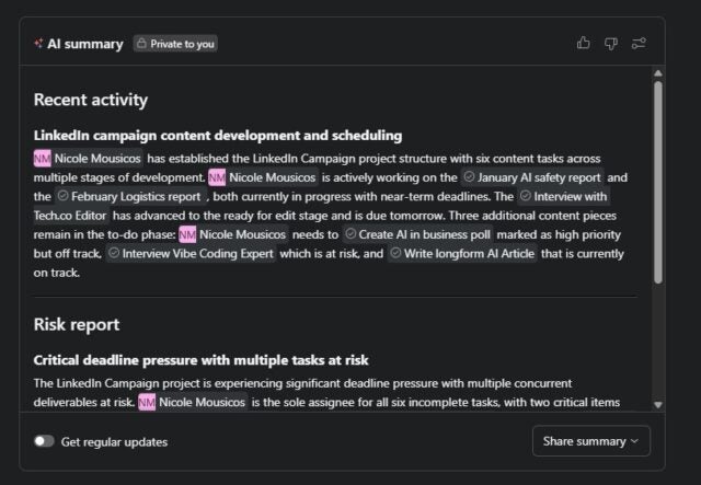 Asana AI provides a summary risk report and recent activity for me