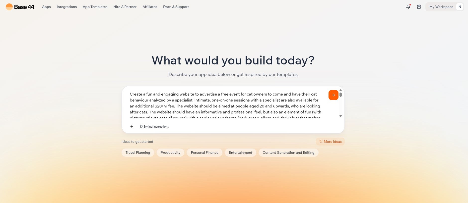 Base44 interface showing a natural language prompt for a new event website. Source: Tech.co Testing