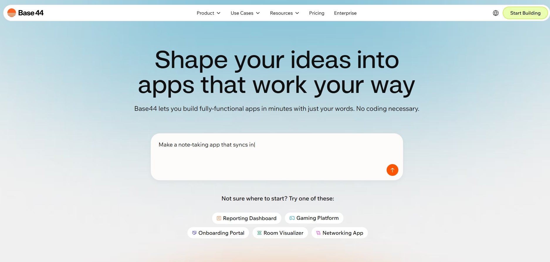 Base44 home screen for initial prompting
