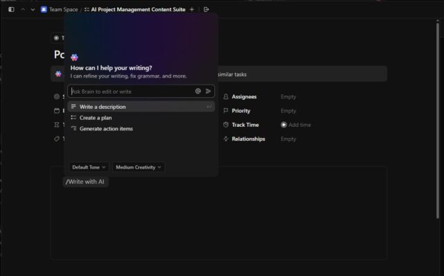 ClickUp AI copy generator helping me brief tasks