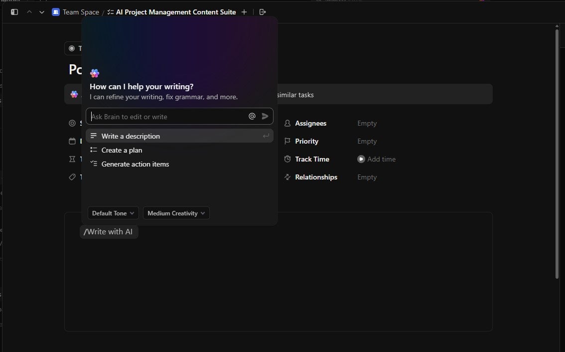 ClickUp AI copy generator helping me brief tasks