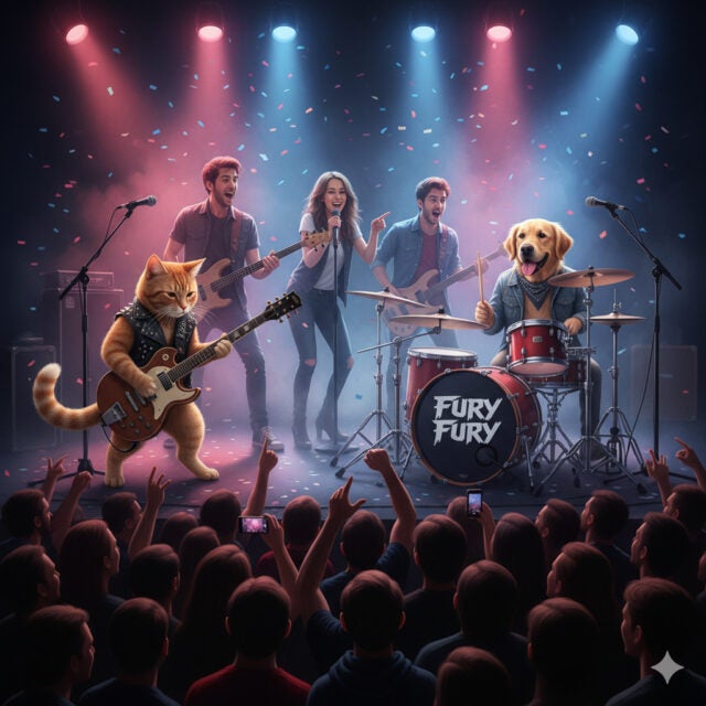 An image of a band featuring animals and humans, generated by Gemini. Source: Tech.co testing