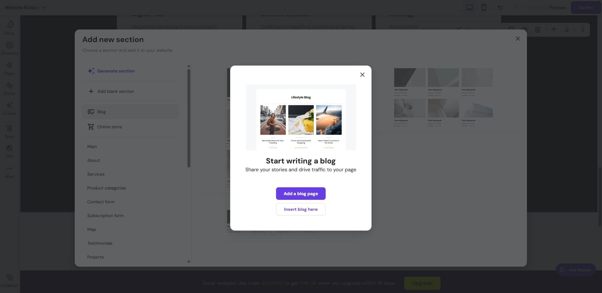 Hostinger's website editor has an "add blog" widget.