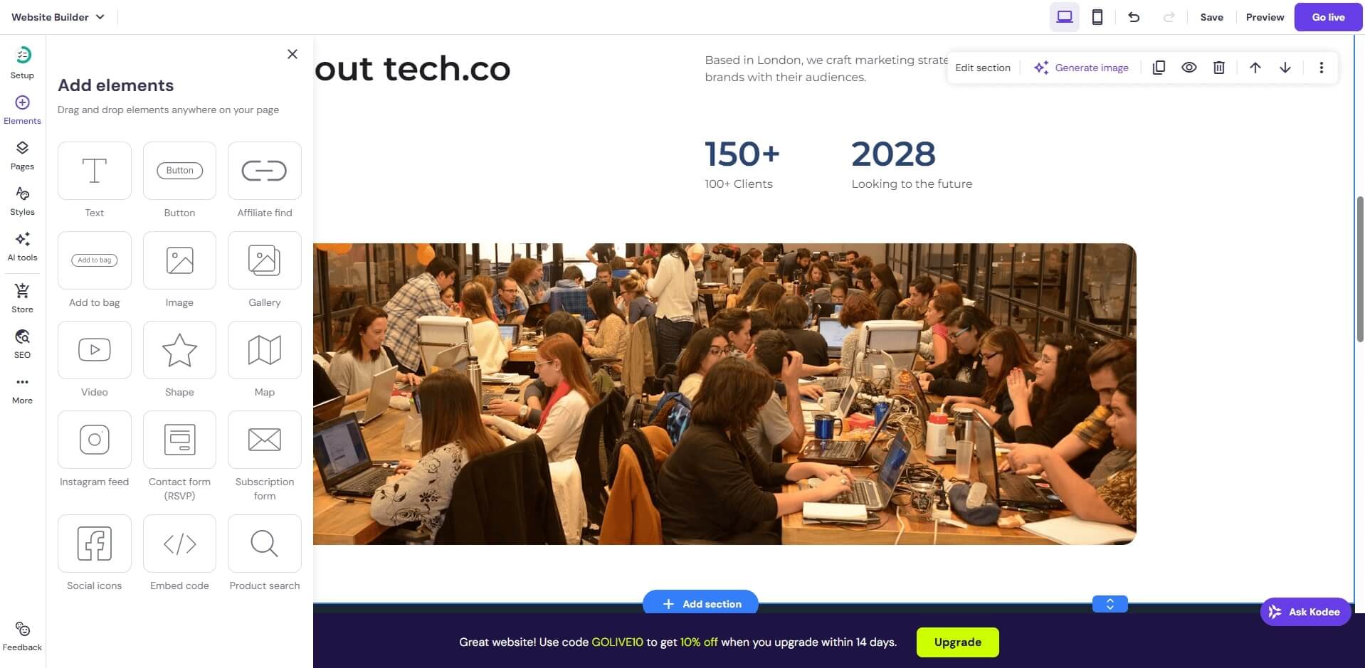 Hostinger lets users add elements to their new website with a click as well as a drag-and-drop function.