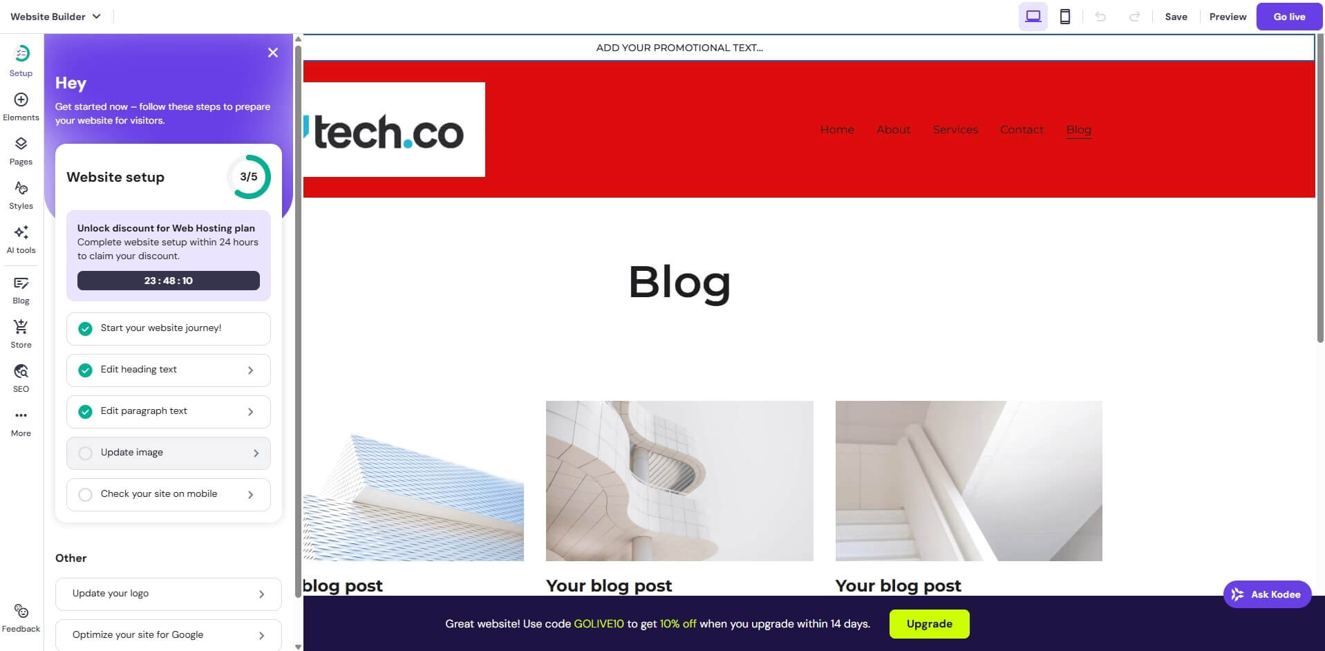 Hostinger's setup prompter guides users through the first five steps of creation.