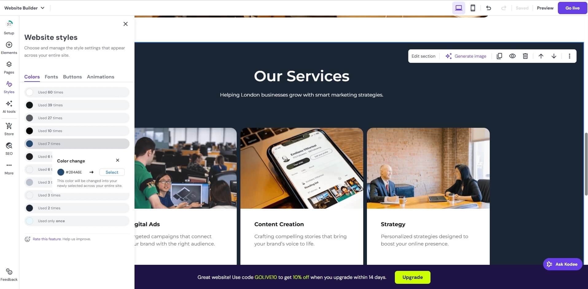 Hostinger's website builder has a "Styles" section for changing colors, fonts, and more.