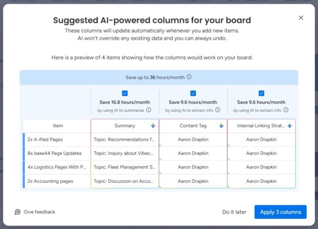 monday AI suggestions with Aaron's name