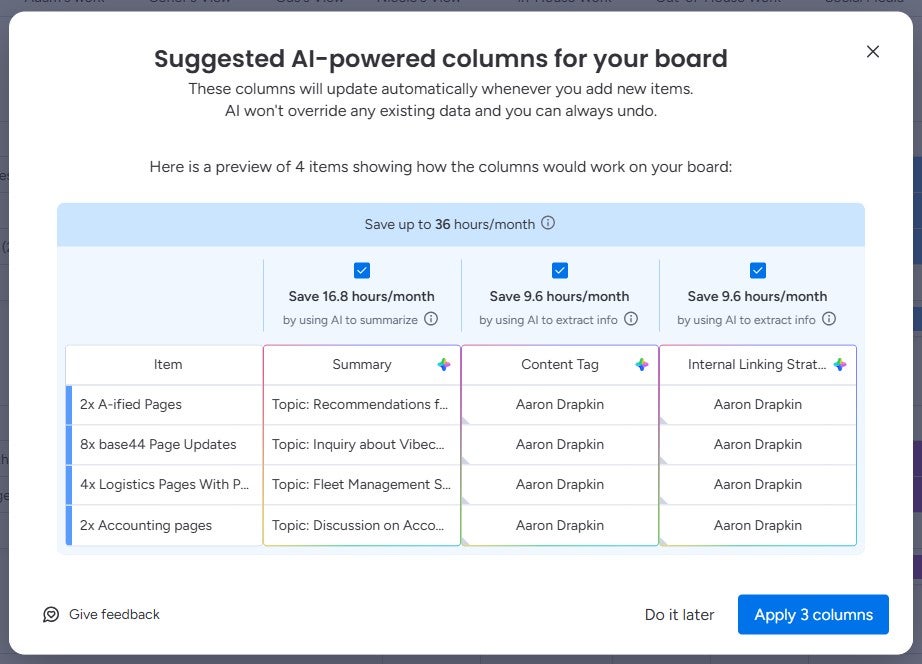 monday AI suggestions with Aaron's name