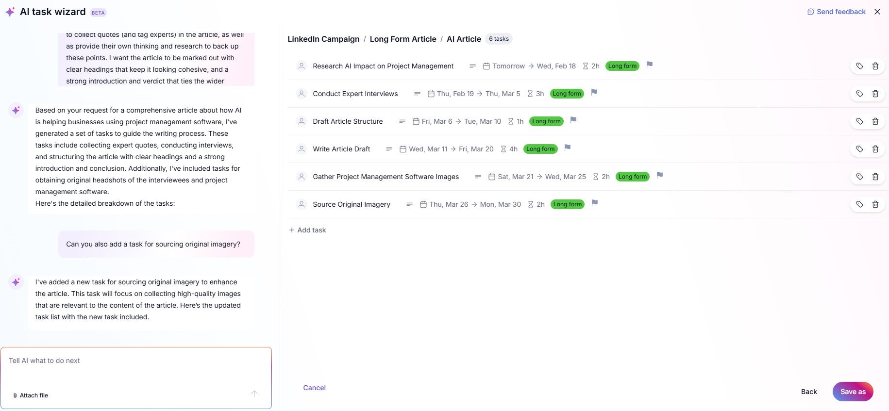 Teamwork AI task wizard generating sub tasks