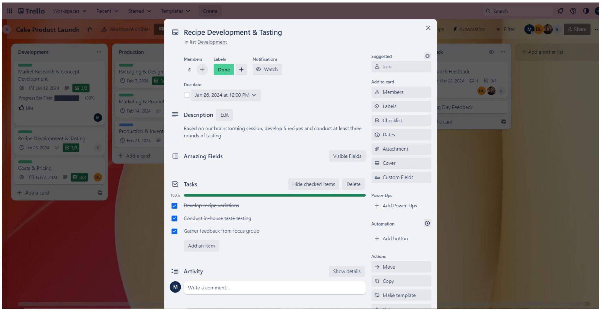 Every Trello project management card can include a list of related tasks.