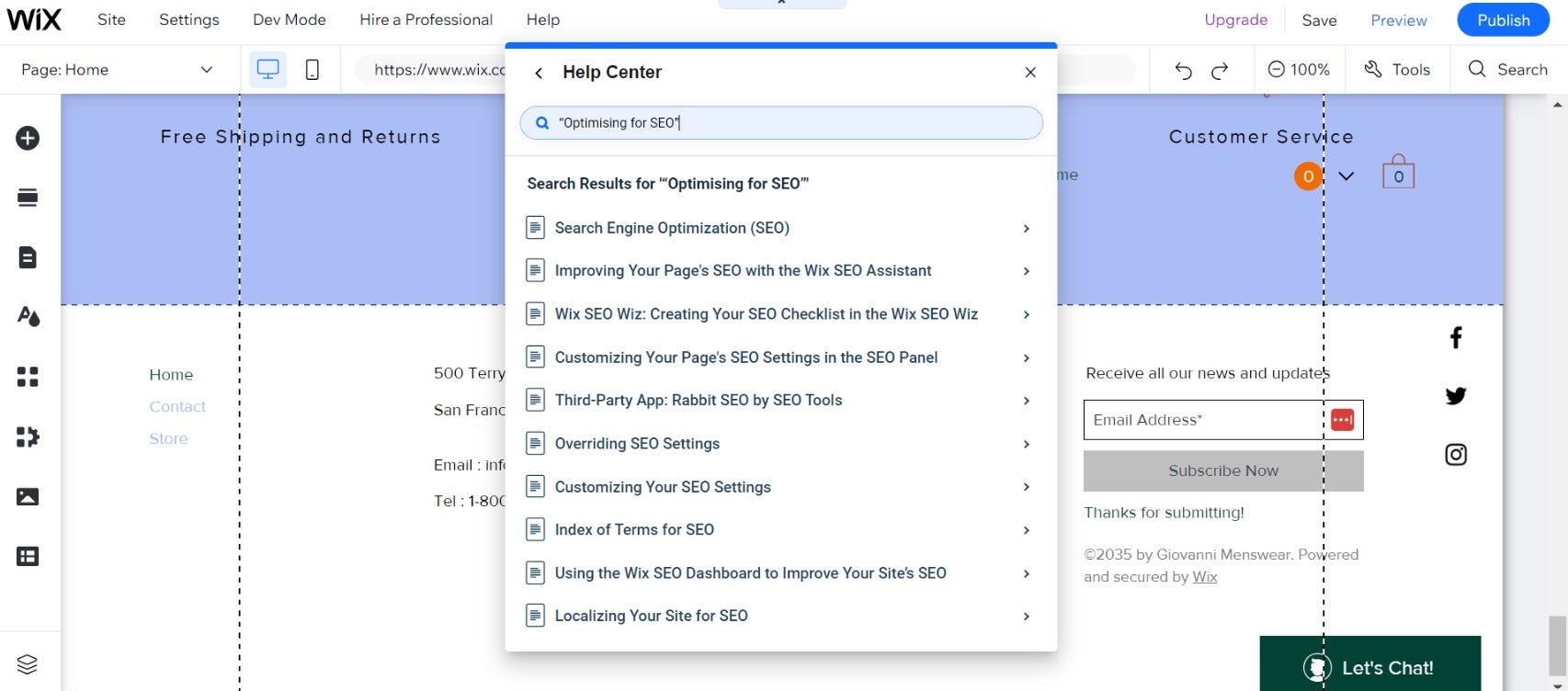 Looking for SEO guides in Wix's help center. Image: Tech.co