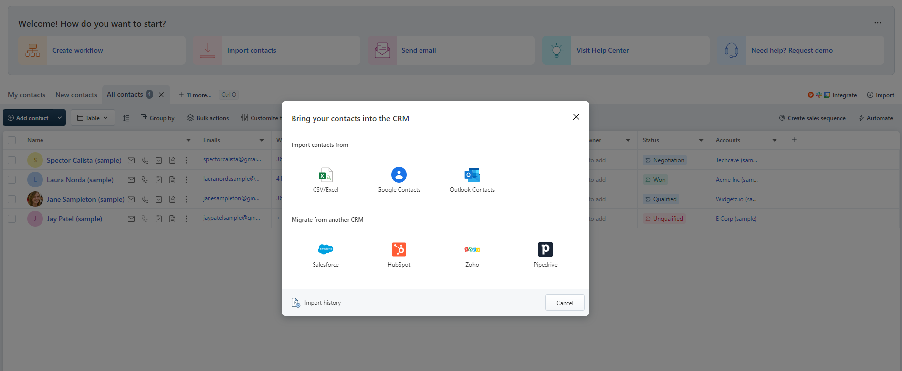 Freshsales Import Contact Options