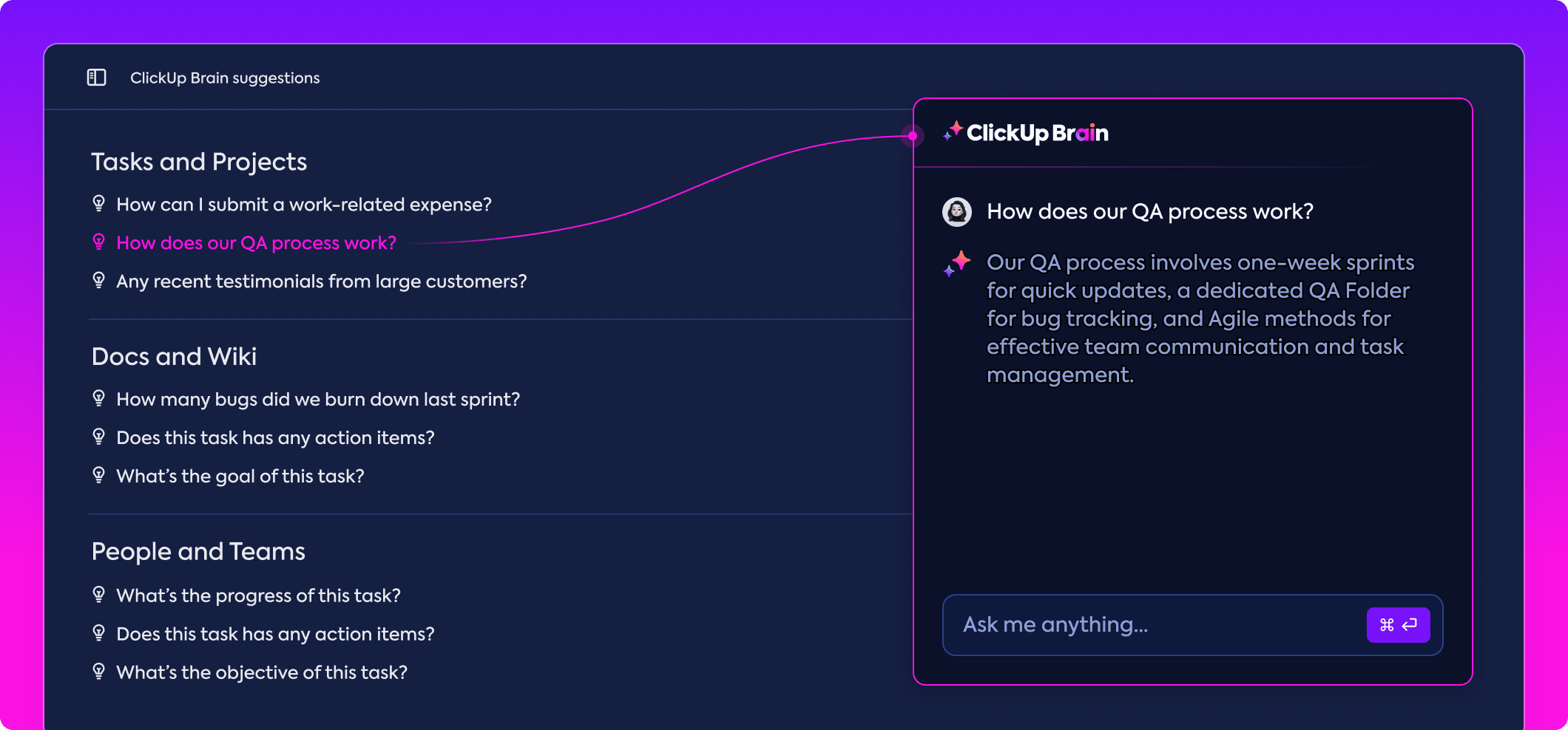 Screenshot of ClickUp Brain, new AI neural network from ClickUp