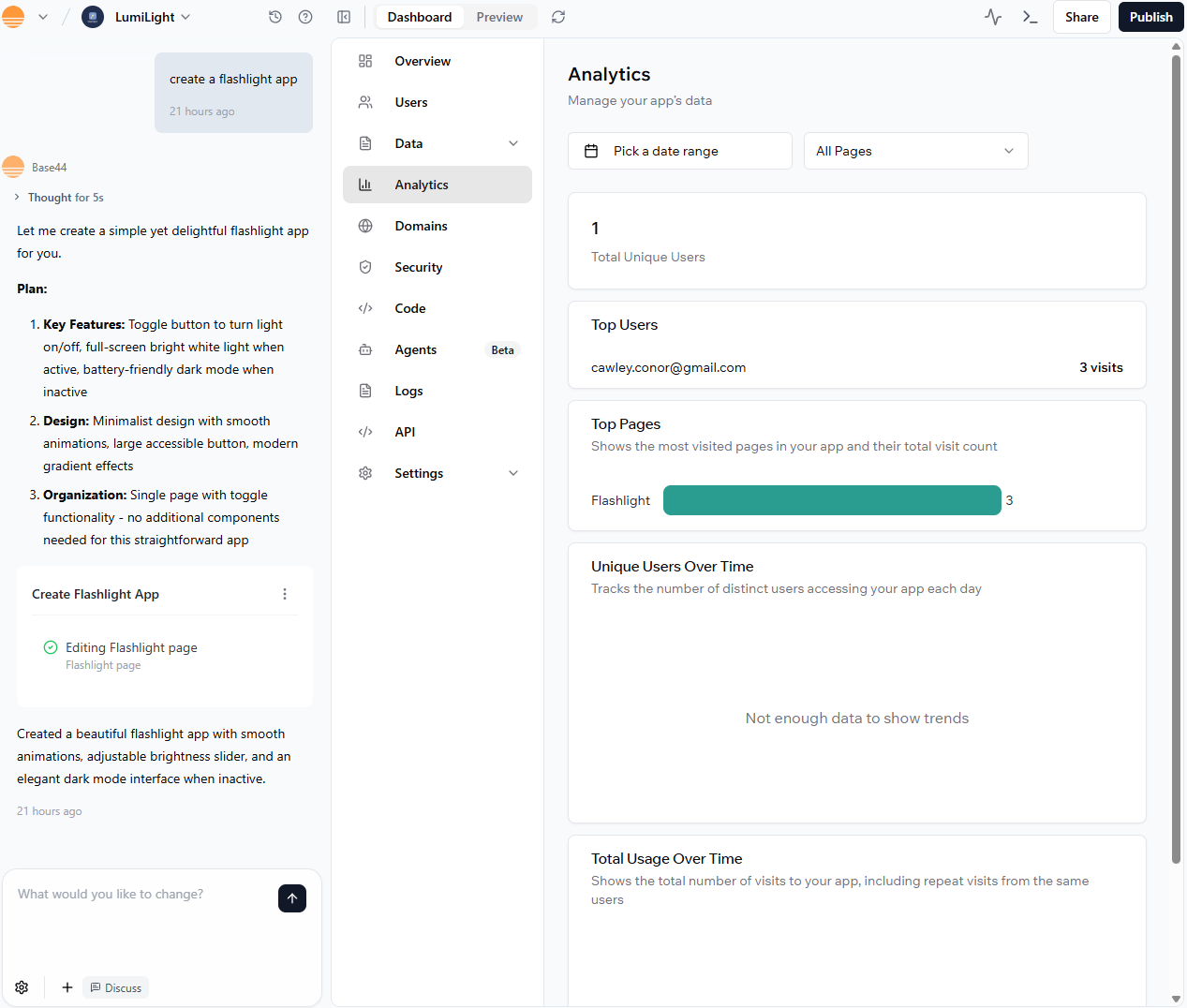 Base44's analytics dashboard, showing the number of users and visits an app has.