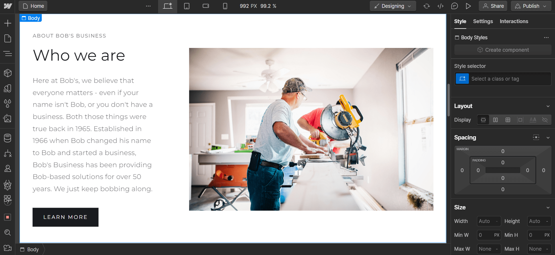 Creating the About US page with Webflow. Image: Tech.co