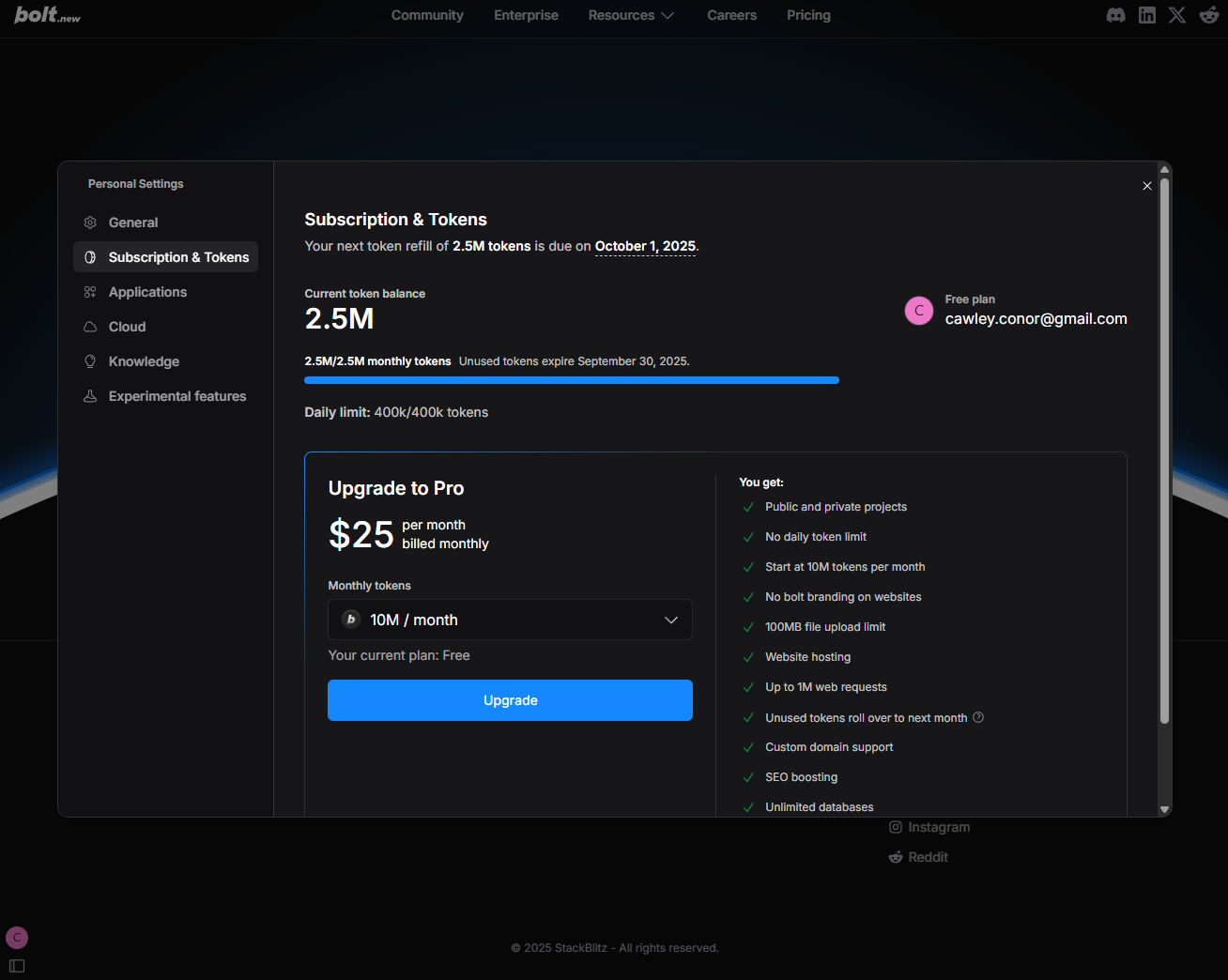 Viewing our Bolt.new account information. Source: Tech.co Testing