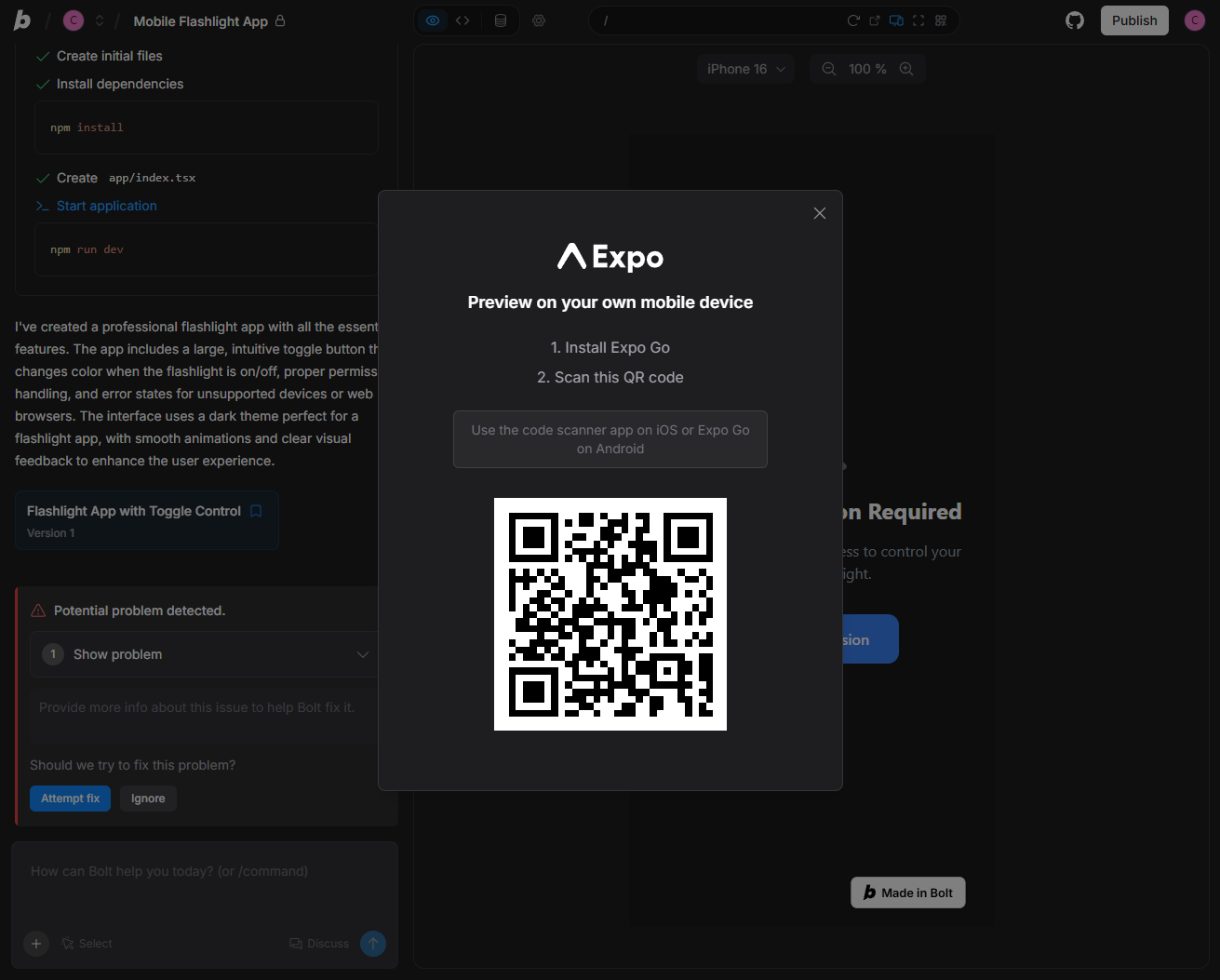 Producing a QR code to view a Bolt.new app on an mobile device. Source: Tech.co Testing