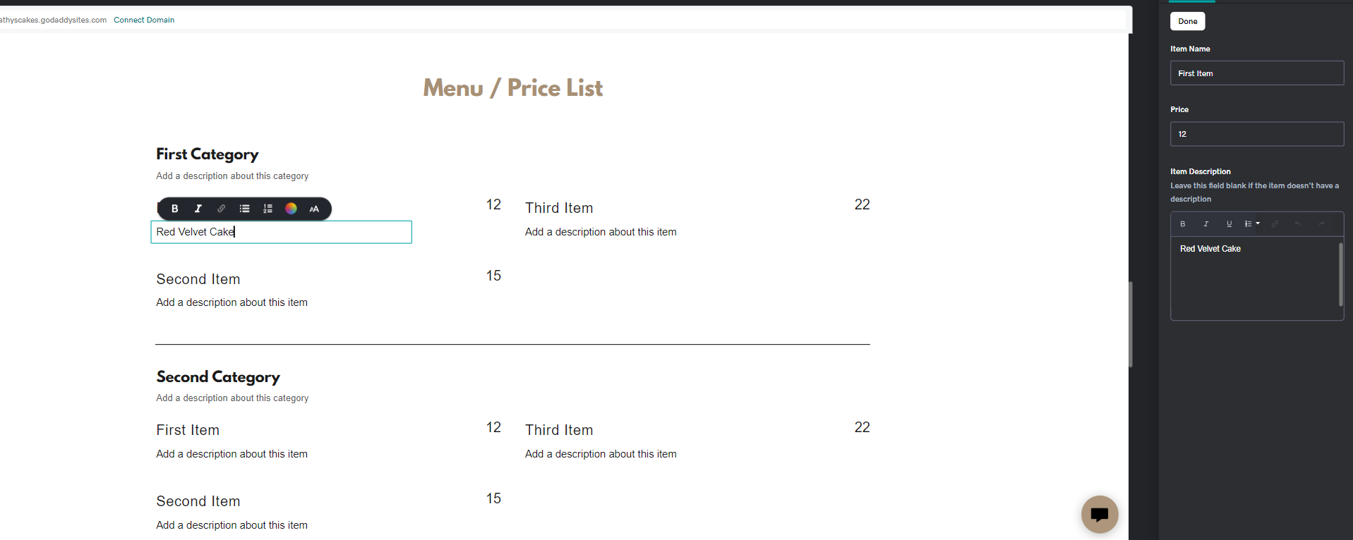 GoDaddy pricelist element