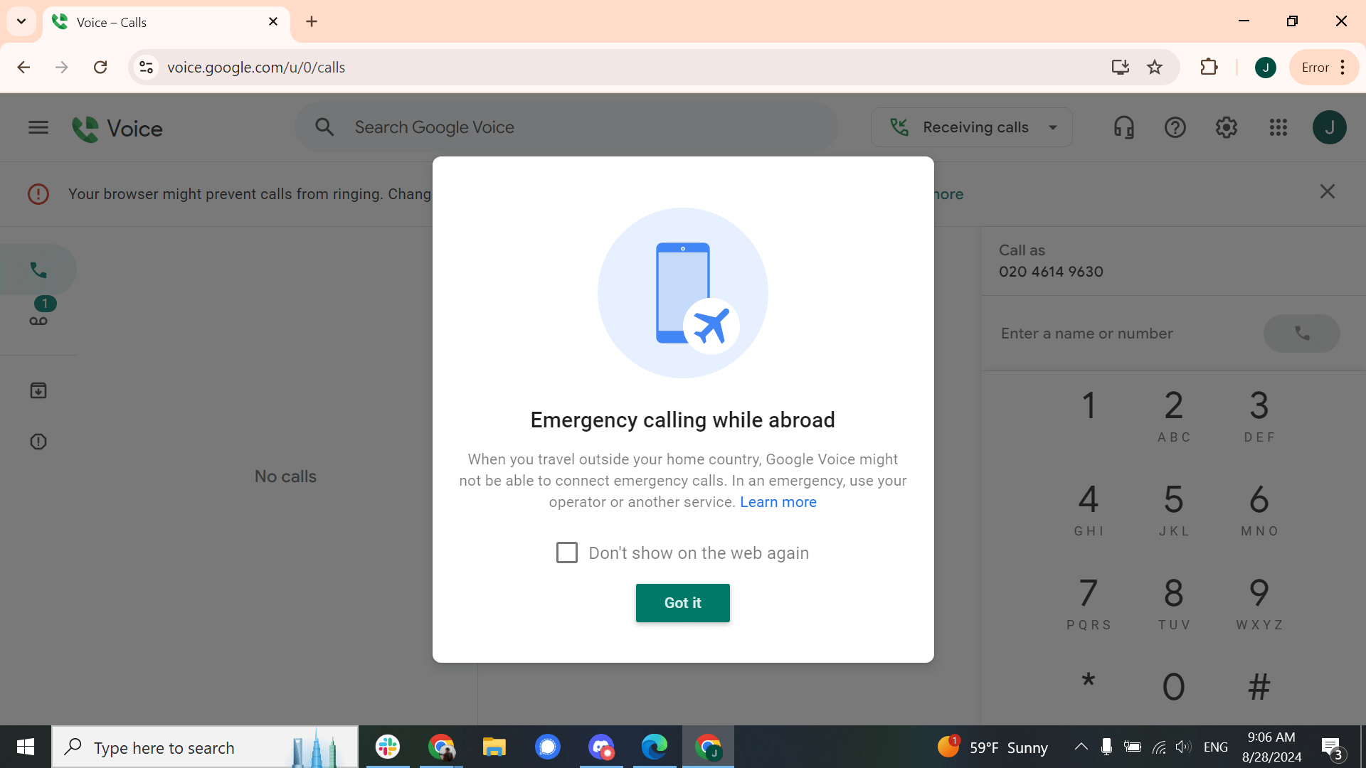 The emergency call notification in Google Voice. Source: Tech.co testing