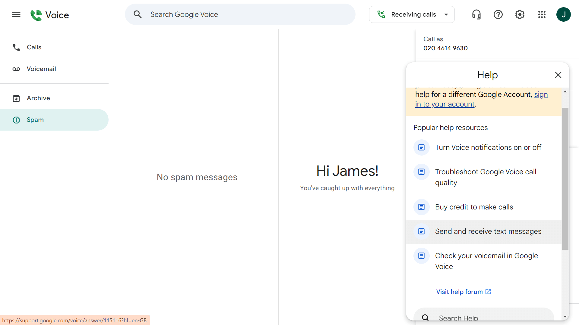 The help options in Google Voice. Source: Tech.co testing