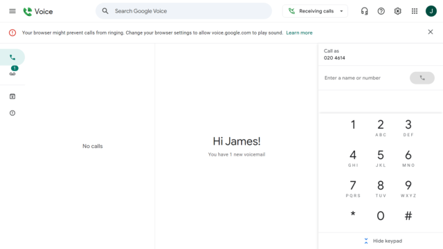 Screenshot of the Google Voice homepage. Source: Tech.co testing