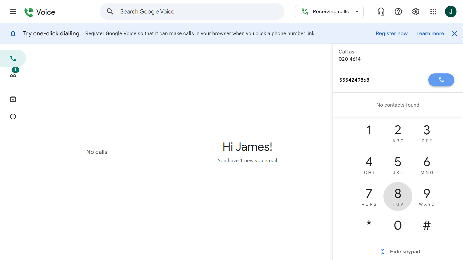 The one click dialing notification in Google Voice. Source: Tech.co testing