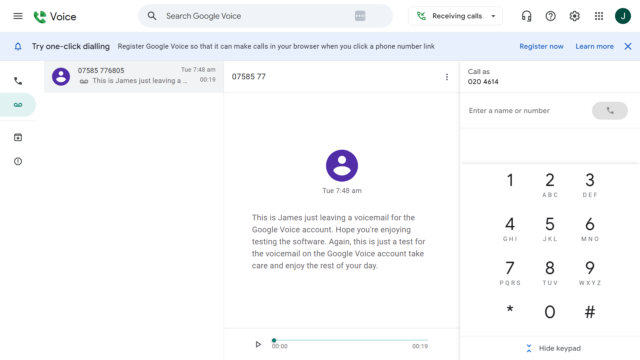 The voicemail interface in Google Voice. Source: Tech.co testing