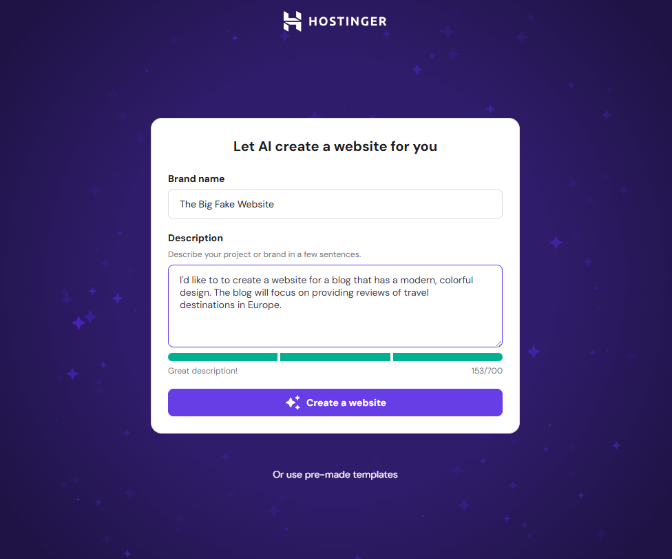 Hostinger AI Website Builder Description