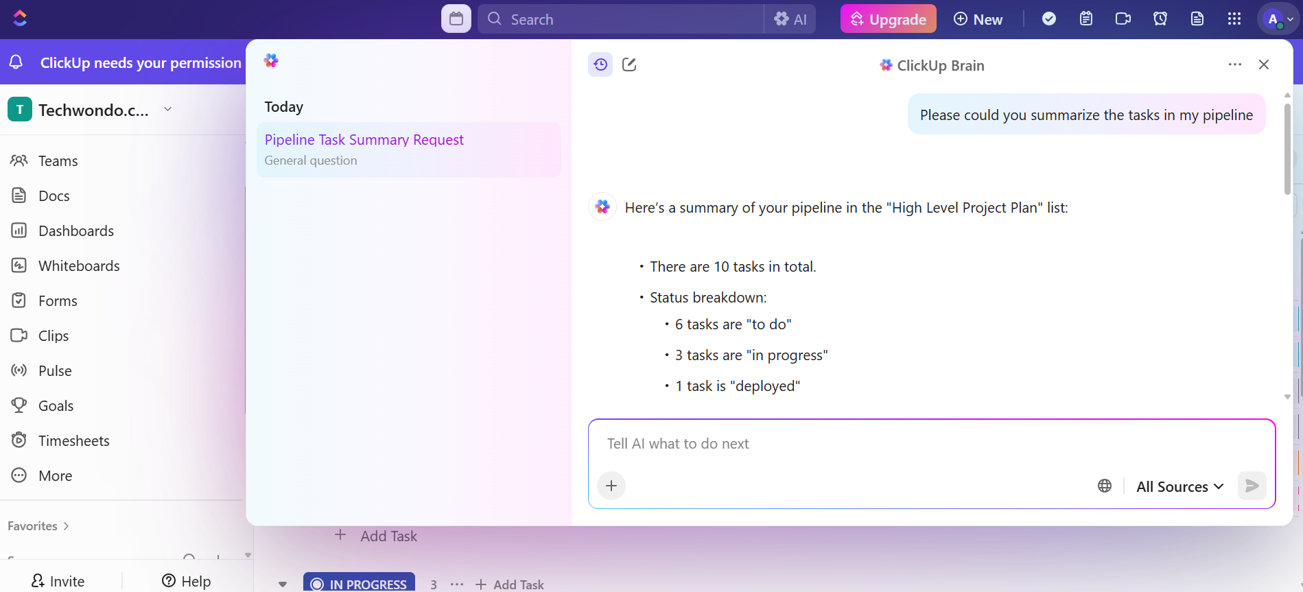 Screenshot of ClickUp Brain. Source: Tech.co testing