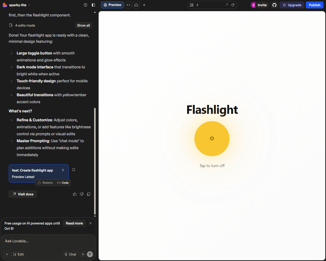 We created a simple flashlight app using Lovable. Source: Tech.co Testing