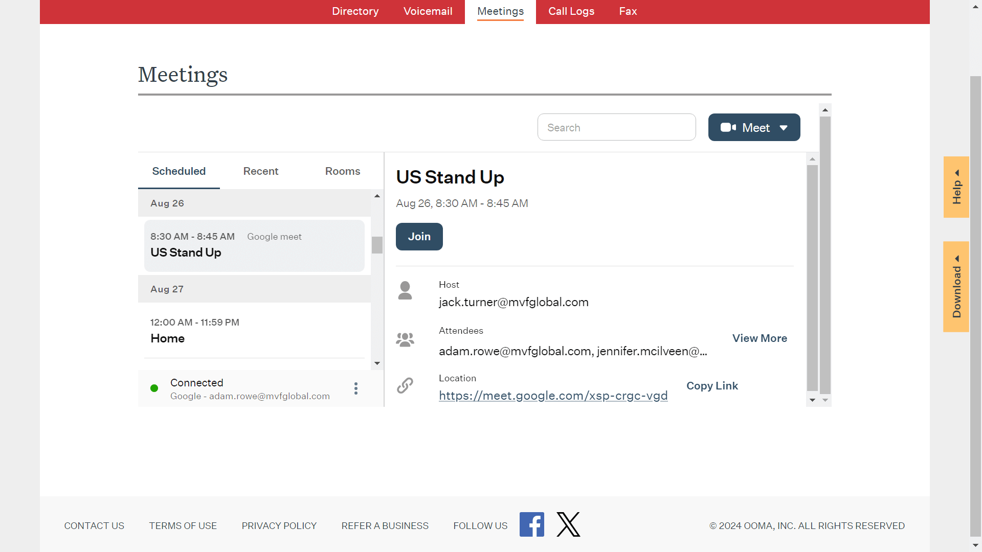 The meeting integration in Ooma Office. Source: Tech.co testing