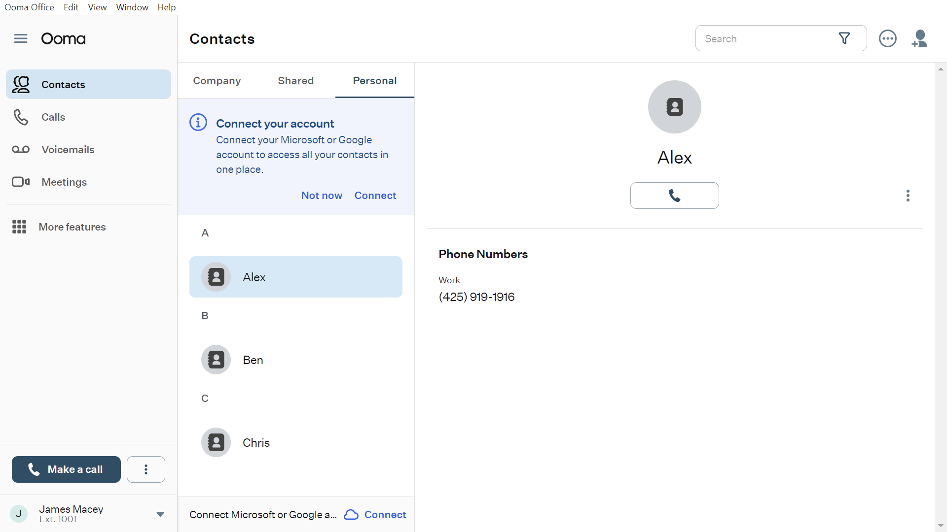 The personal contacts list in Ooma Office. Source: Tech.co testing