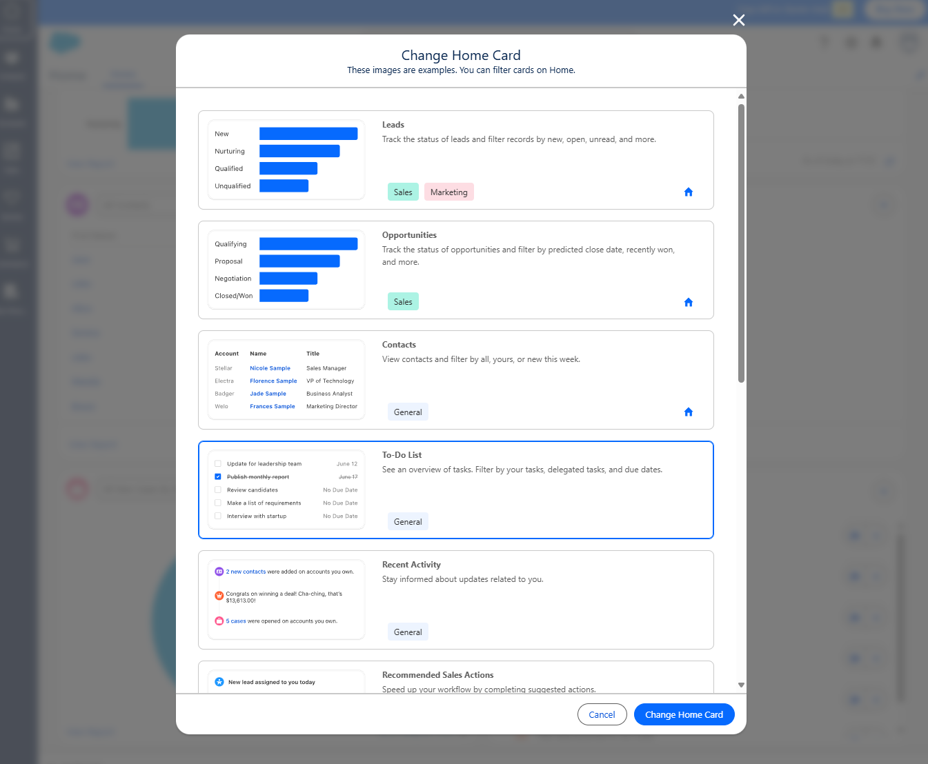 Salesforce Change Home Card
