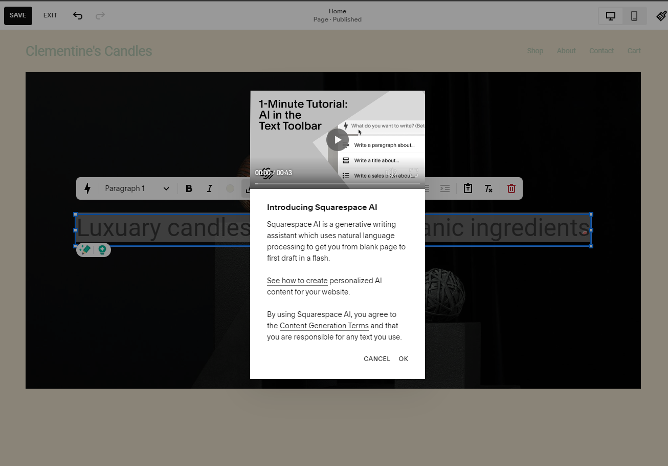 Squarespace Blueprint AI-text generation feature