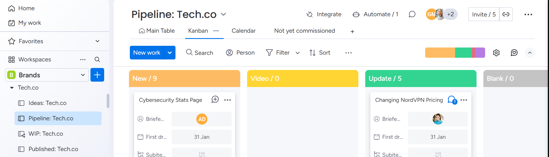 Screenshot of monday.com Kanban view. Source: Tech.co testing