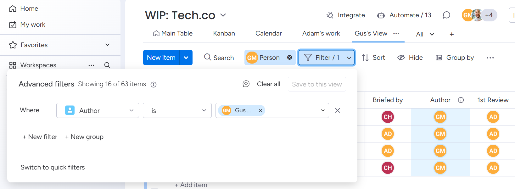 Screenshot of filters in monday.com. Source: Tech.co testing