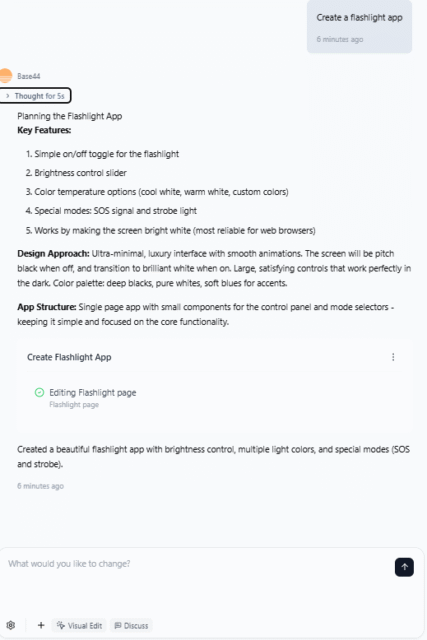 An image of Base44's thought process it provided us with during app creation. Source: Tech.co testing