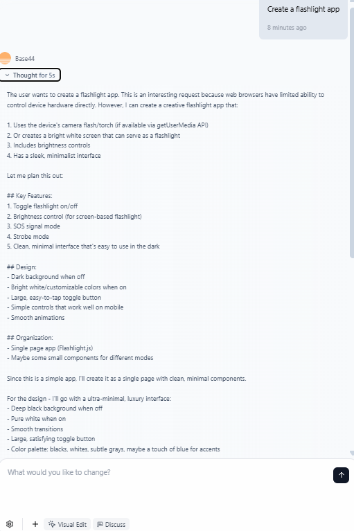 Base44 providing a detailed outline of its app-building thought process. Source: Tech.co Testing