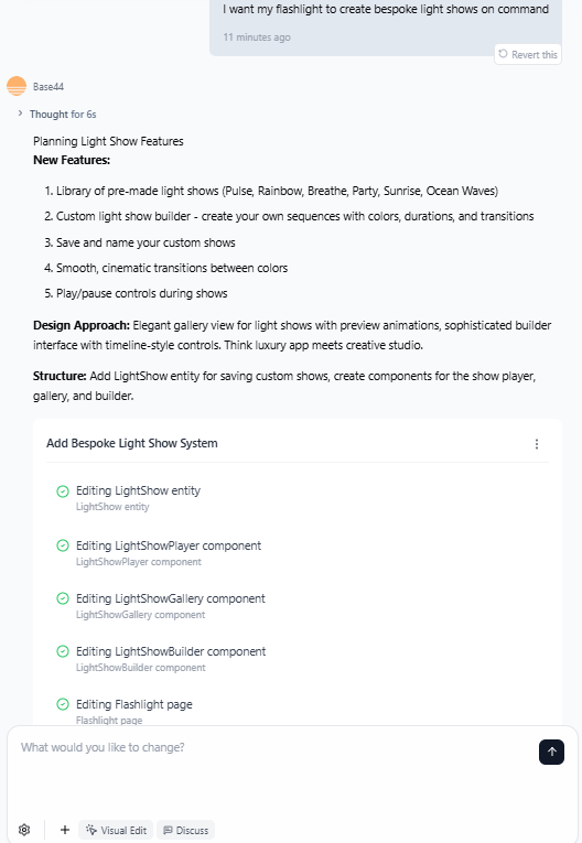 Base44 generating it's own app-building instructions for our test app. Source: Tech.co testing