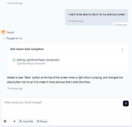 Base44 responding to requests to add a home screen return function. Source: Tech.co testing