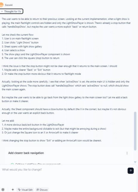 Base44 thinking in a complex way about our request to fix something. Source: Tech.co testing