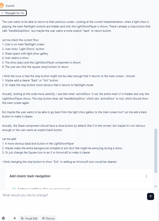 Base44 thinking in a complex way about our request to fix something. Source: Tech.co testing