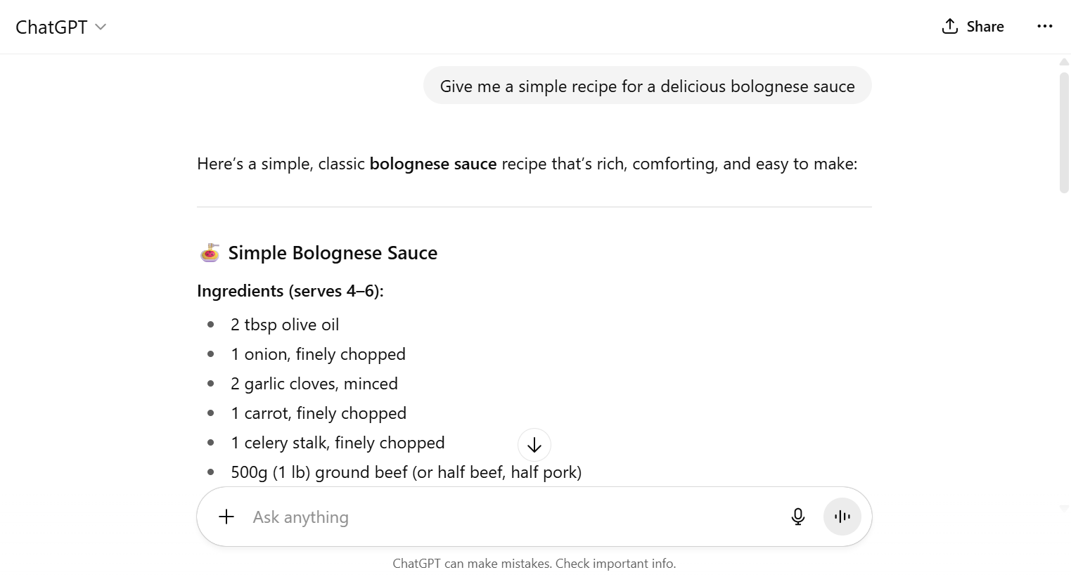Bolognese ingredient list provided by ChatGPT. Source: Tech.co testing