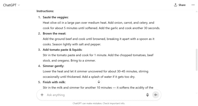 ChatGPT's additional pasta making tips. Source: Tech.co testing