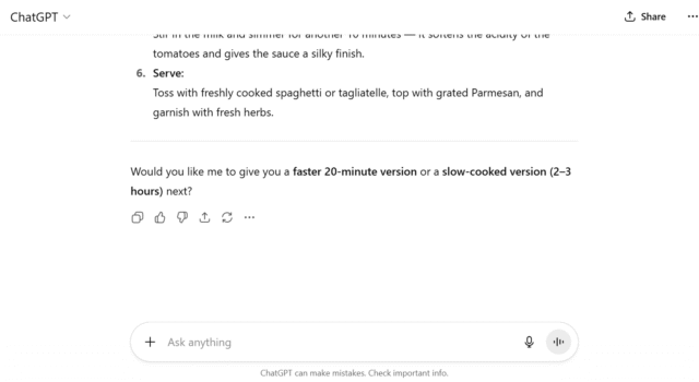 ChatGPT providing a simple pasta recipe. Source: Tech.co testing